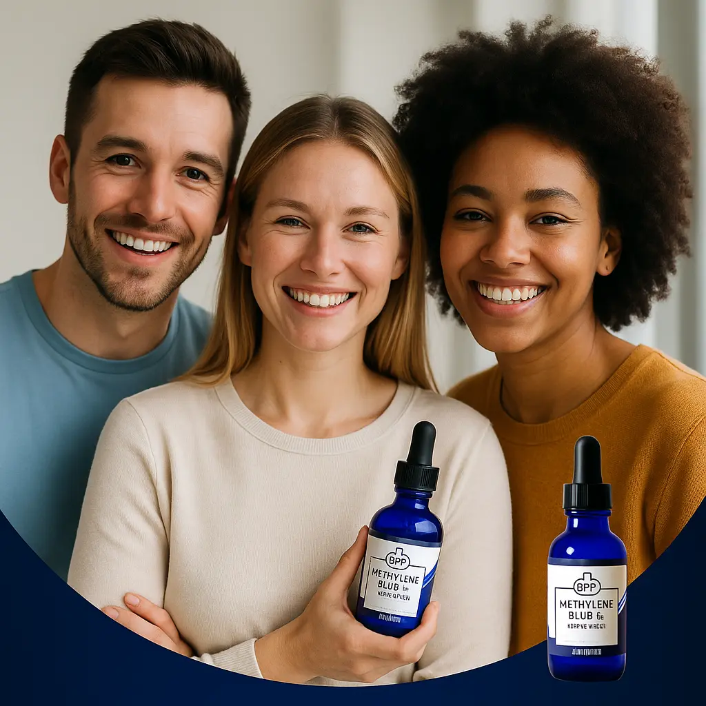 Customer holding Methylene Blue bottle